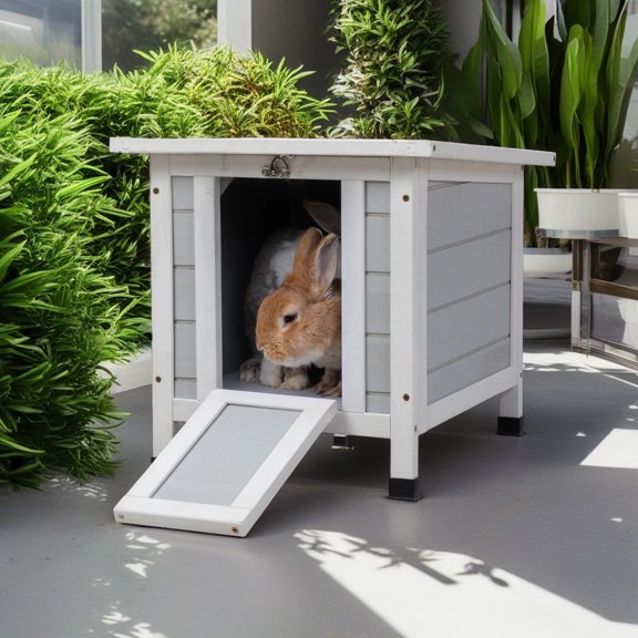 Pefilos Rabbit Hutch, Wooden Rabbit Cage, Pet House Bunny Shelter with Ramp and Opening Roof, Gray