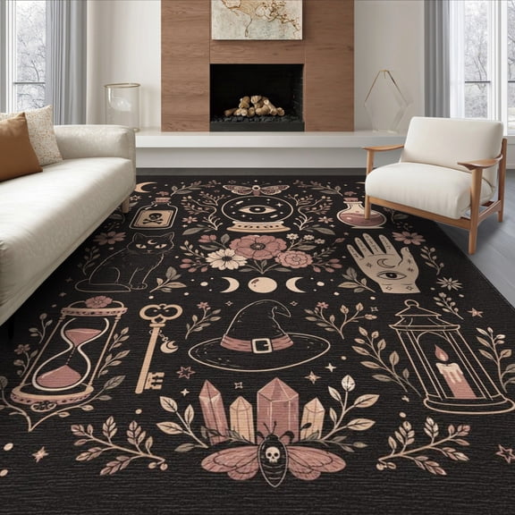 ODIKA 8'x10' Washable Area Rug Black Pink Mystical and Floral Design Enigmatic Motifs with Cats, Moons, Symbols for Living Room, Under Sectional, Family , Durable, Non-Slip