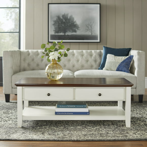 TMS Charleston Rectangular Two-Tone Wood Coffee Table, Chestnut Brown and Off-White Finish