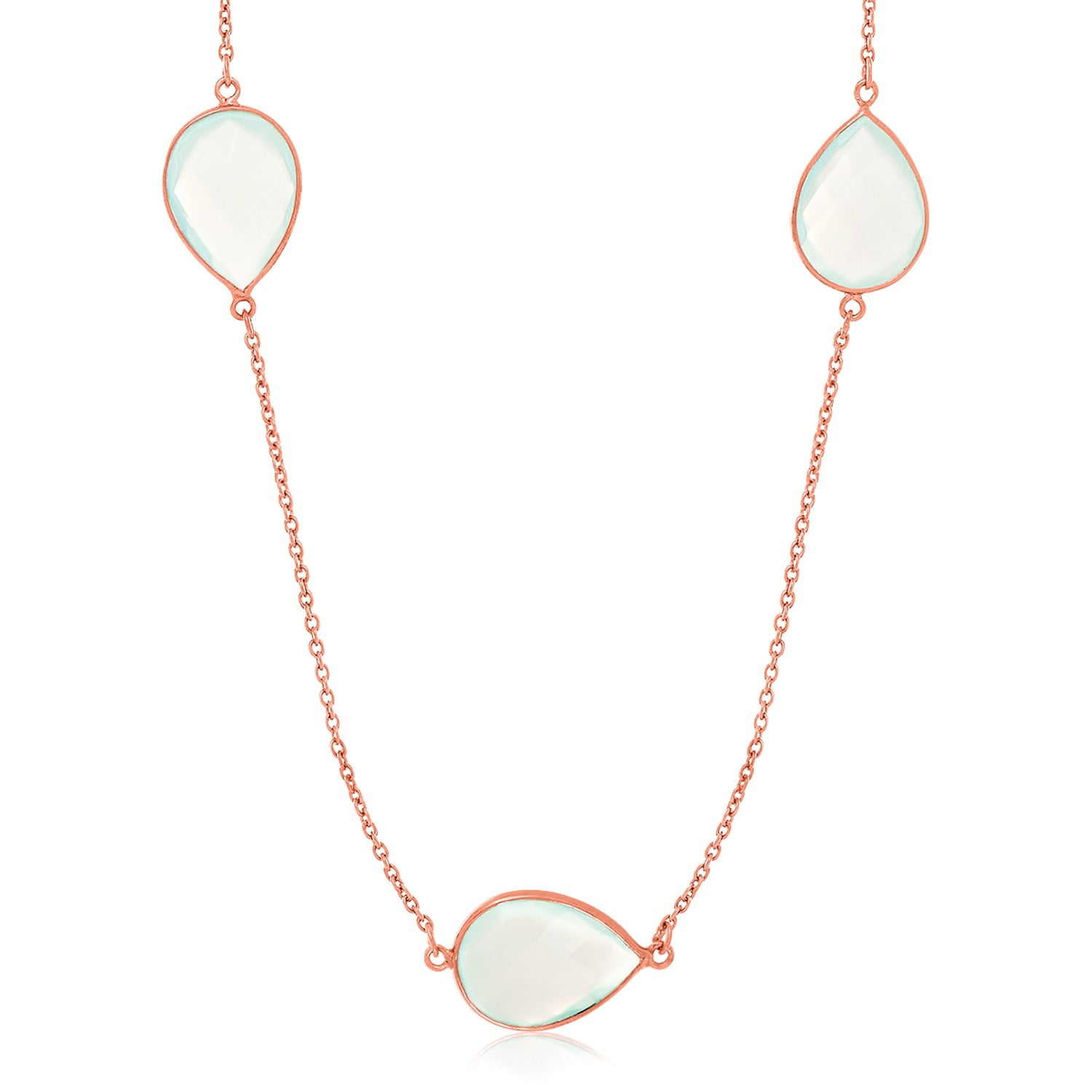 Sterling Silver Rose Gold Plated Teardrop Station Long Necklace with Aqua Chalcedony 38" by Mia Diamonds