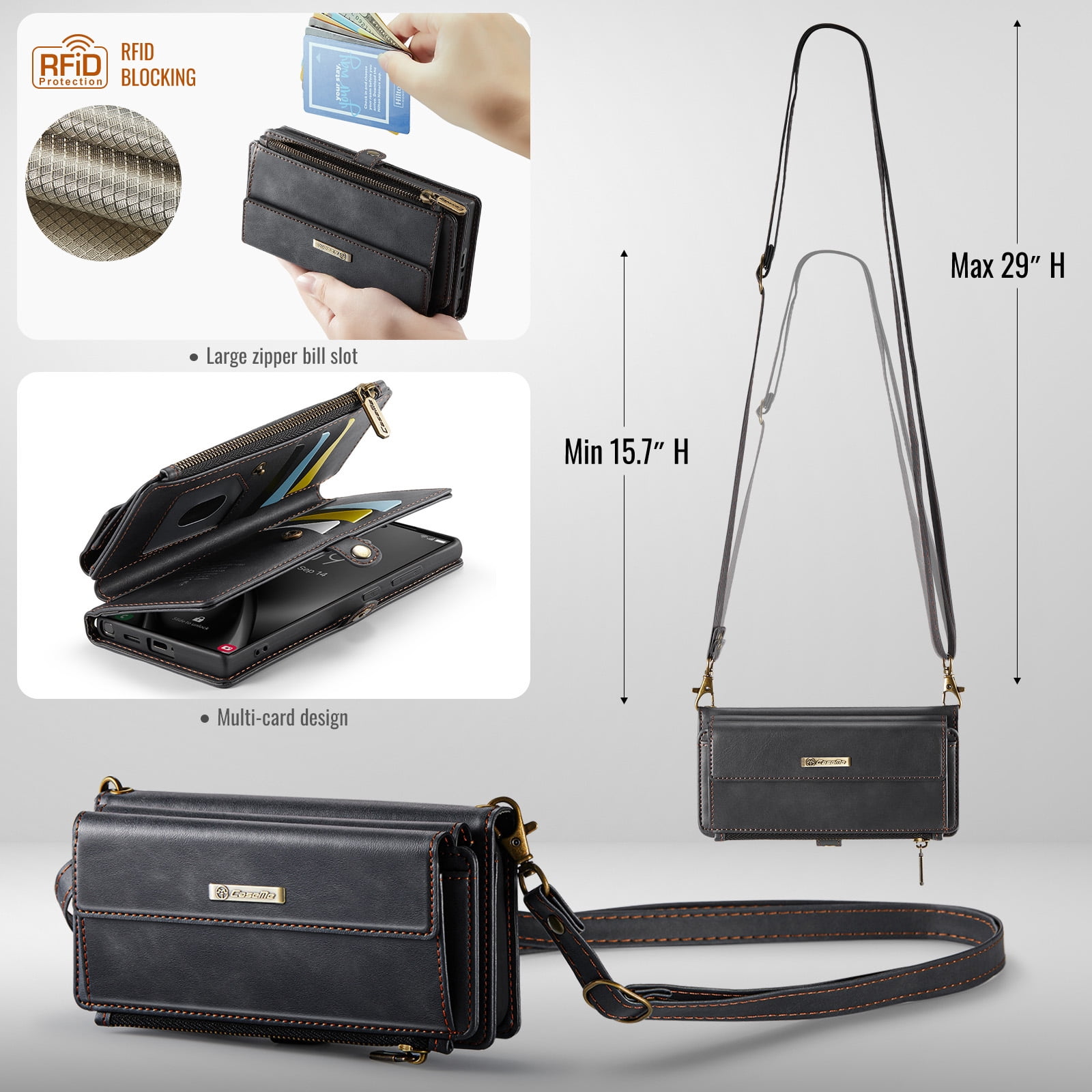 Decase Wallet Case for Samsung Galaxy S25 Ultra,Magnetic Flip Zipper Pocket PU Leather Phone Cover,Crossbody Flip Cover with RFID Card Slots,Black