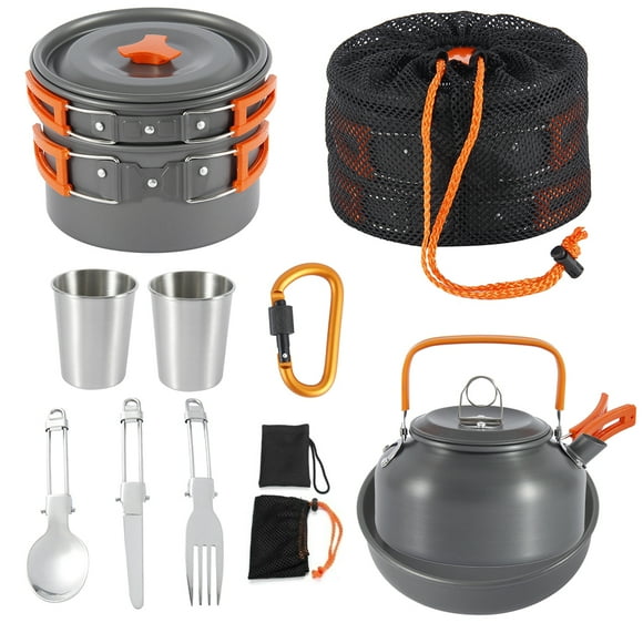 2-3 People Portable Outdoor Tableware Mess Kit Lightweight Outdoors Cooking Equipment Non-Stick Pots Pan Teapot Utensils Backpacking Gear Cookware Grill Tool Camping Accessories for Campfire, Hiking