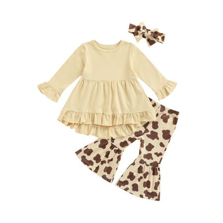 

Calsunbaby Toddler Baby Girls Outfits Set Flared Cuff Long Sleeve Lace Tops Cow Bell-bottomed Pants Headband Apricot 3-4 Years