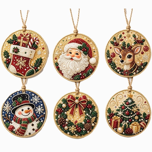 6PCS Christmas Pearl Diamond Art Kits for Adults with Twine, for Holiday Window Hanging Christmas Tree Decorations