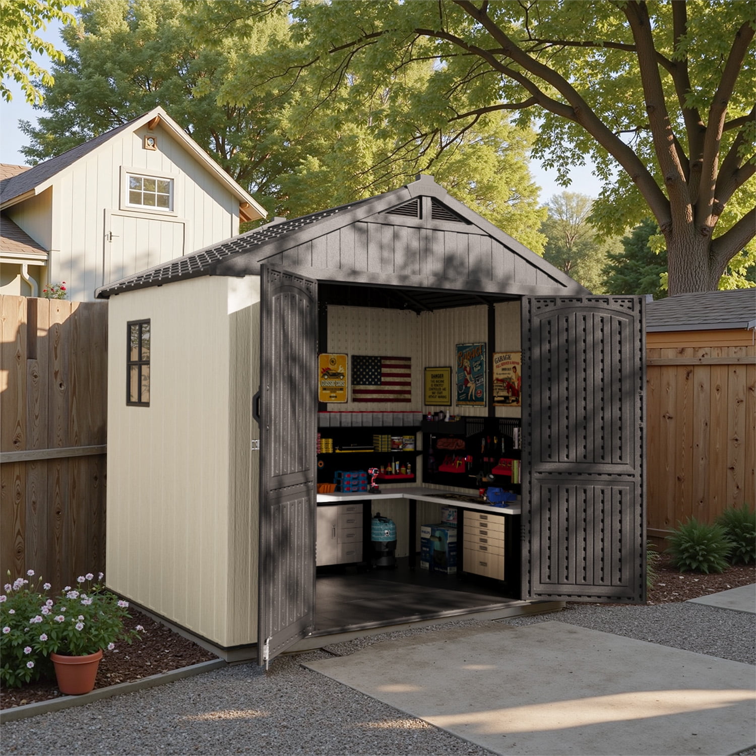 Patiowell 8x6 FT Outdoor Storage Shed with Floor, All-Weather Resin Garden Shed with Window & Lockable Door, Easy Assembly Tool Storage for Backyard, Patio, Gray/White