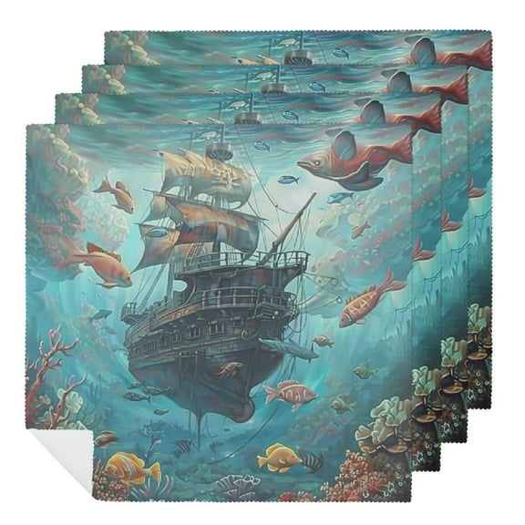 Heduofu Underwater Fish Ship Sailing Cloth Napkins, Dinner Napkins Washable Reusable Polyester Table Napkins for Parties, Weddings and Dinners 2 PCS