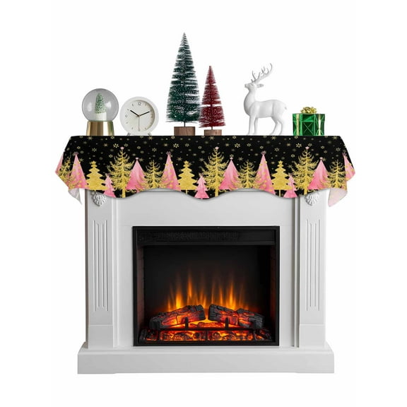 Pink Christmas Tree Mantel Scarf Fireplace Decorations for Living Room, Gold Winter Snowflakes Xmas Vintage Fireplace Mantel Scarf Cover Runner for Halloween/Thanksgiving/Christmas Decor 60"x17"