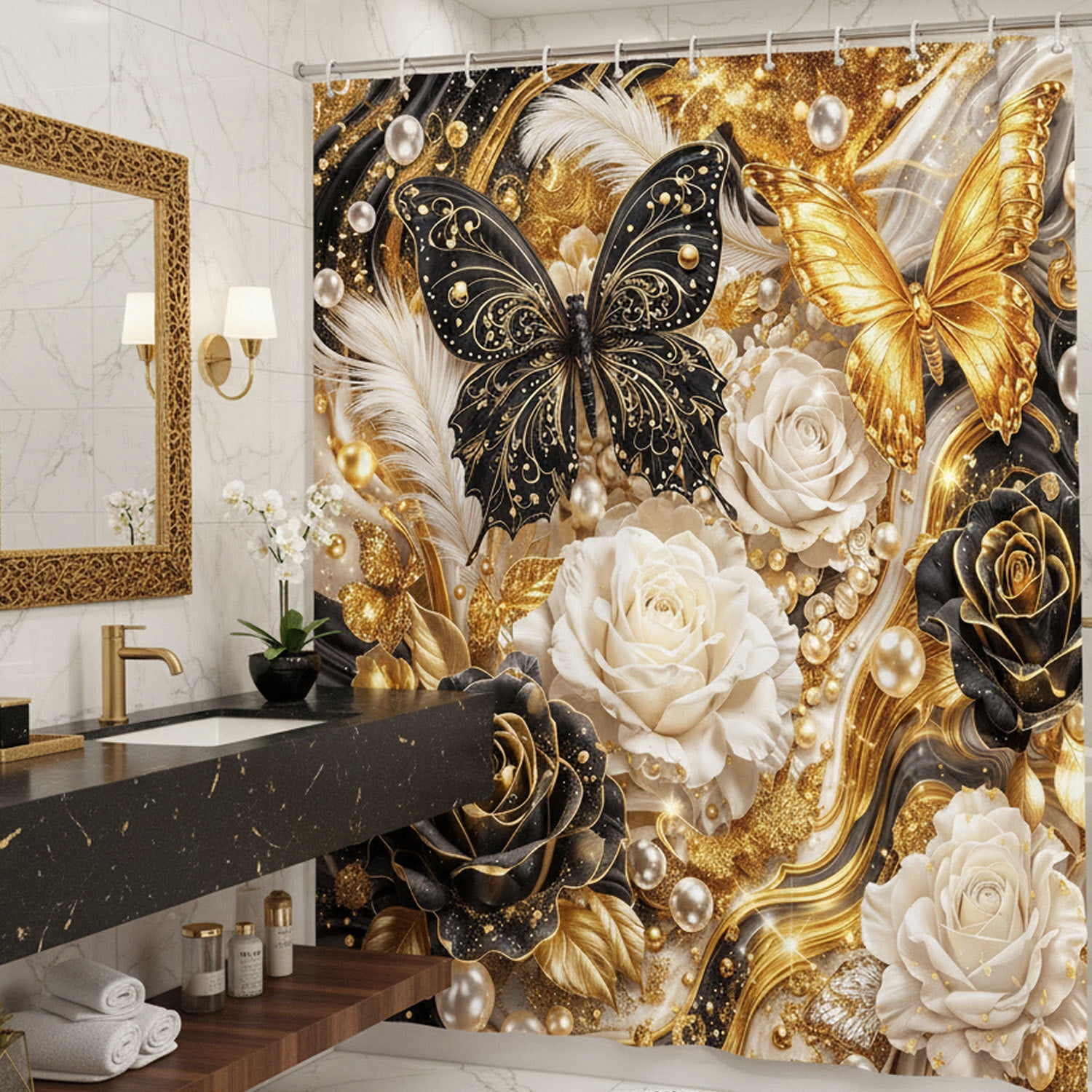 Luxury Black and Gold Butterfly Floral Shower Curtain, Elegant Marble Rose Modern Texture Shower Curtains for Bathroom Decor, Elegant Golden Fluid Aesthetic Bath Curtain Set with Hooks, 48X70IN