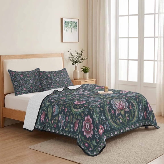 Retro Garden Blossom Flower 3 Pieces Quilt Set,1 Quilt with 2 Shams,Floral Pattern on Black Bedspread Soft Lightweight Bedding Coverlet Comforter Set for All Season 68"x98"