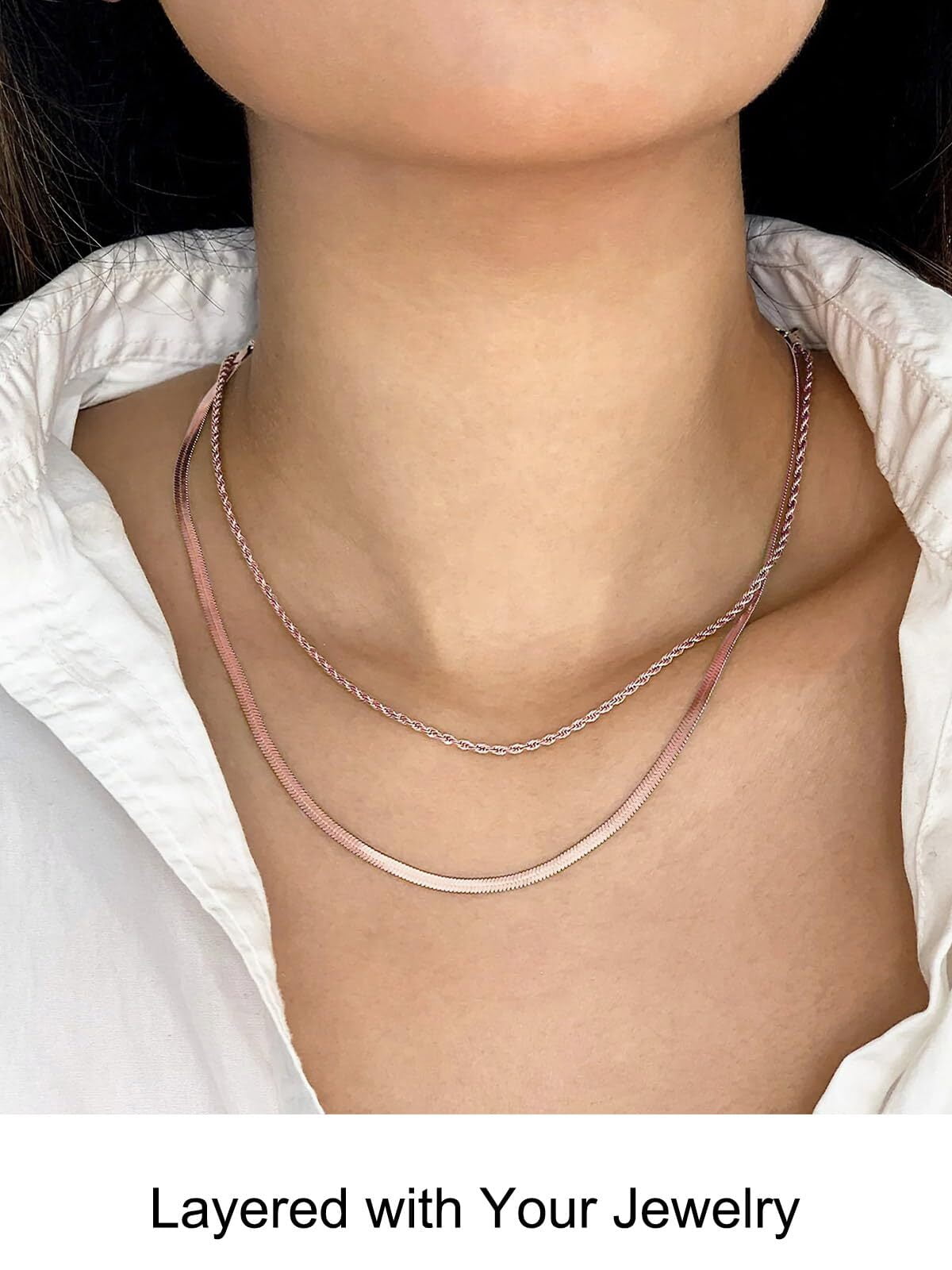 FOCALOOK Flat Snake Chain for Women Stainless Steel Rose Gold Plated Herringbone Choker Necklace Jewelry Birthday Christmas Valentine's Day Gifts 3MM 18 Inches