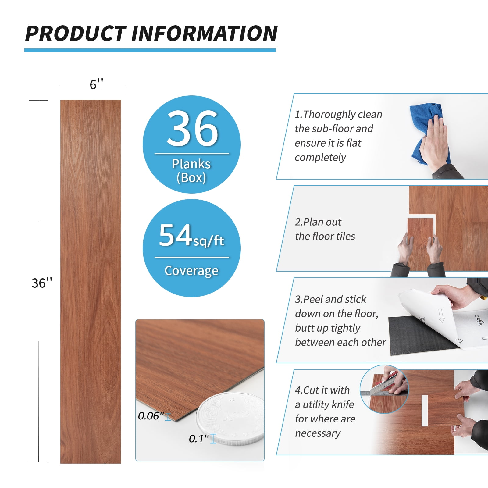 Art3d Vinyl Wood Plank 36" x 6" 36 Packs Self-adhesive Peel and Stick Flooring Tiles-Rosewood