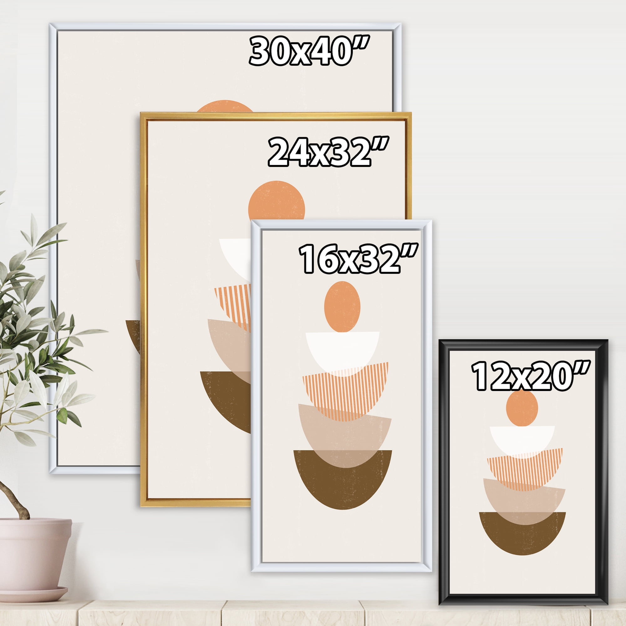 Designart 'Abstract Moon and Sun Geometrics In Terracotta I' Modern Framed Canvas Wall Art Print