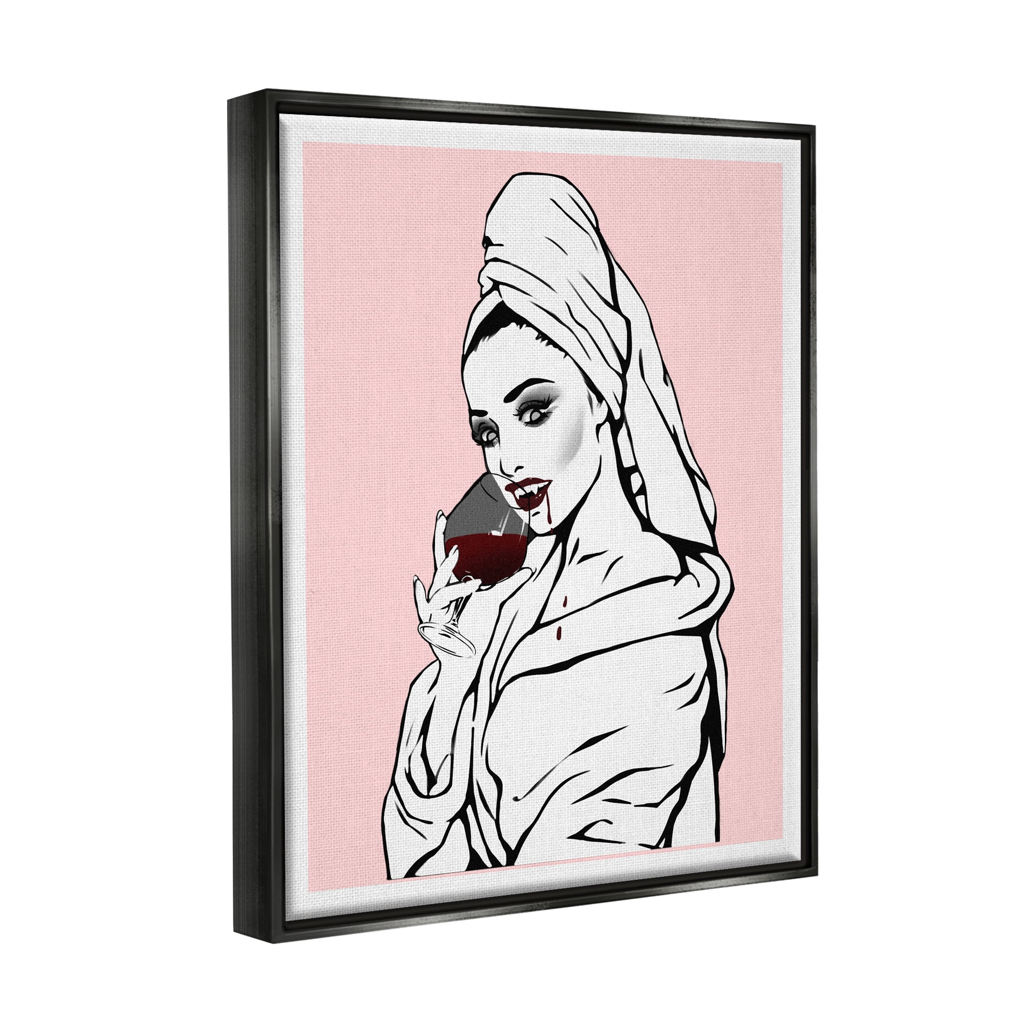 Stupell Pink Vampire Fashionista Drinking Wine Beauty & Fashion Painting Black Floater Framed Art Print Wall Art