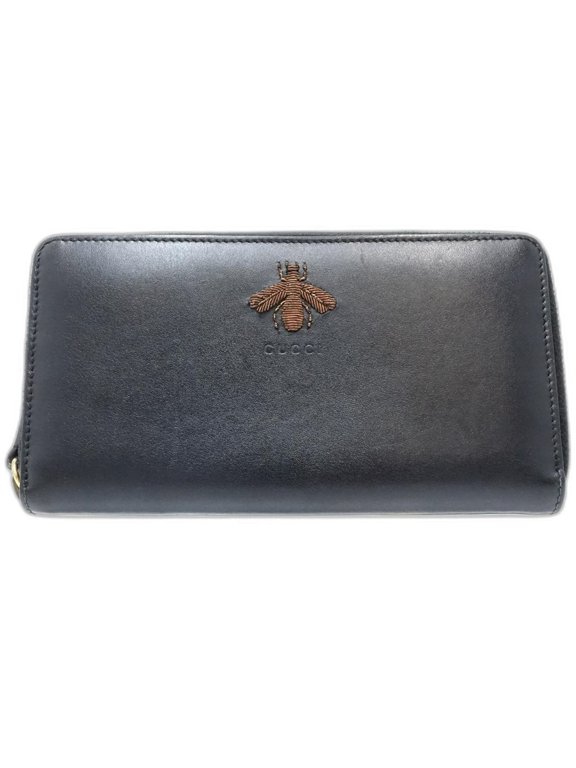 Pre-Owned GUCCI Animalier BEE Round Zip Wallet (428747) in Black Leather, Women's,... (Good)