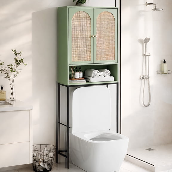 Ktaxon Over the Toilet Bathroom Cabinet Storage Space Saver with Double Doors and Open Shelving, Green