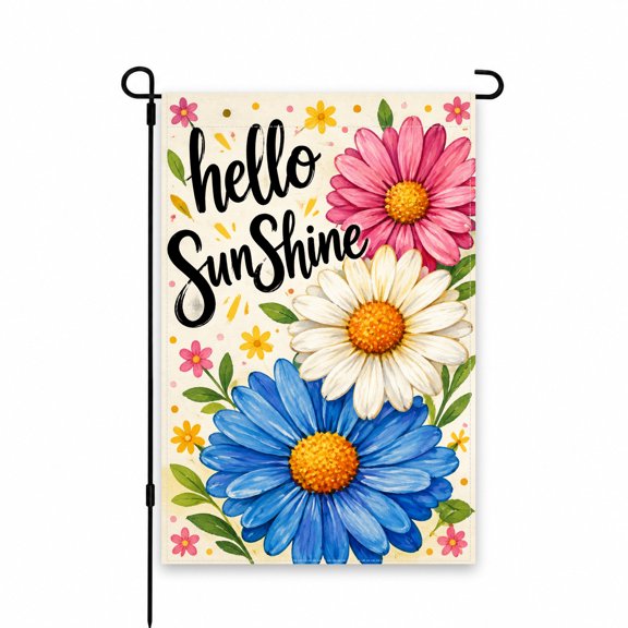 Hello Sunshine Garden Flag with Pink, White, and Blue Flowers, 12 x 18 Inch Decorative Yard Flag for Outdoor Spring or Summer Patio and Lawn Decor
