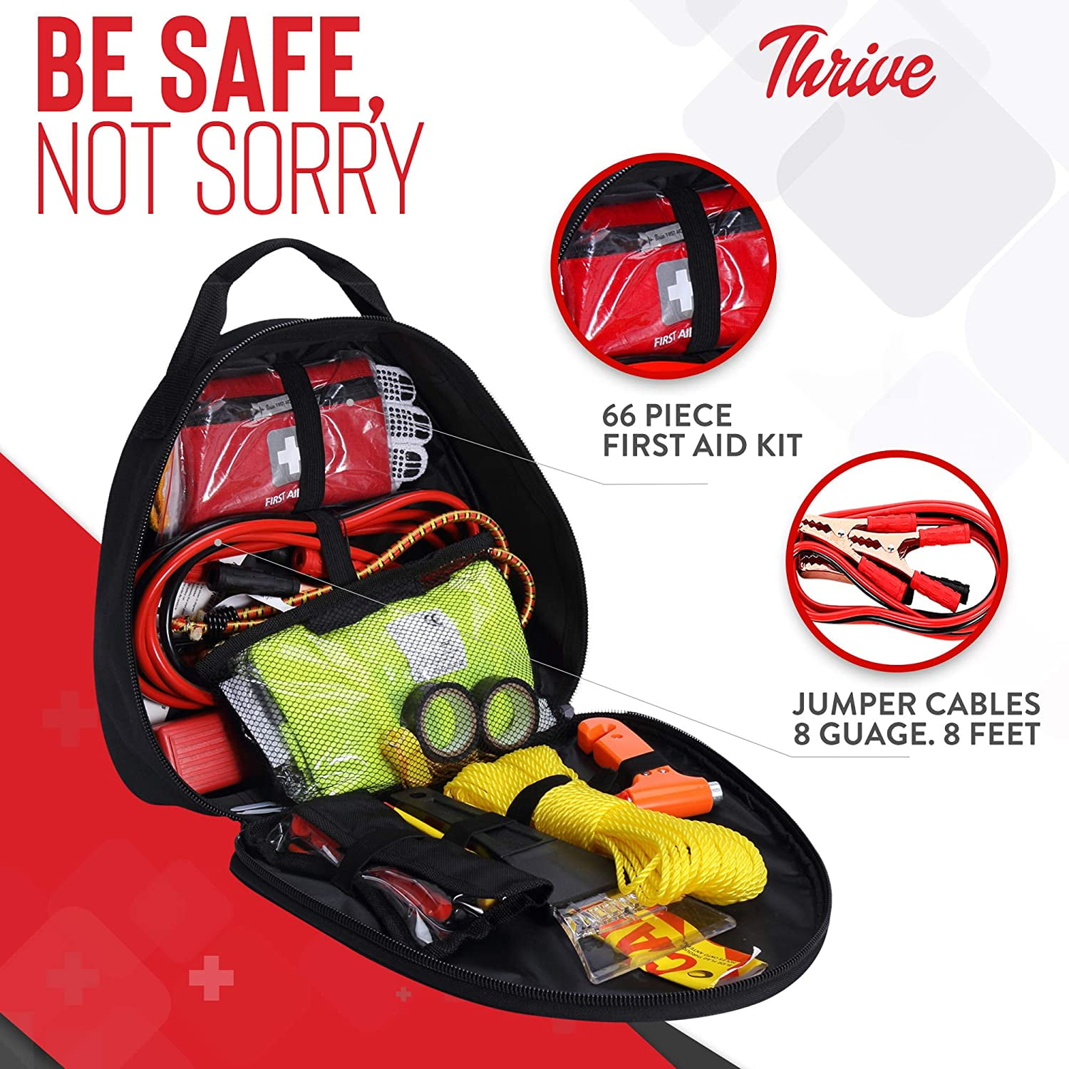 Thrive Roadside Emergency Car Kit - Automotive Safety Travel Tool Kit w/  Vehicle Jumper Cables - Truck, SUV & Car Essentials for Women and Men  (Square Bag)