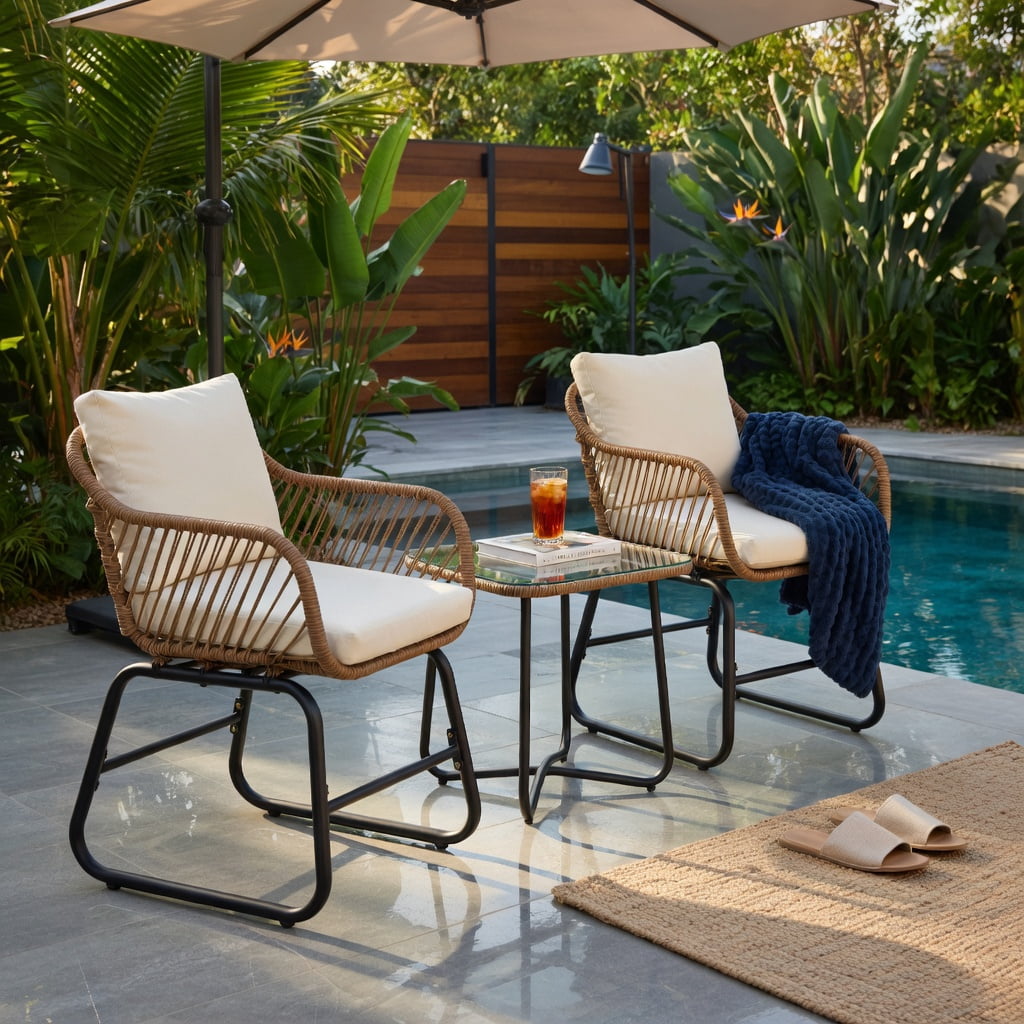 Hommoo 3-Piece Outdoor Bistro Set, PE Rattan Chairs with Square Tempered Glass Coffee Table, Includes Cushions & Lumbar Pillows for Patio, Balcony & Garden, White