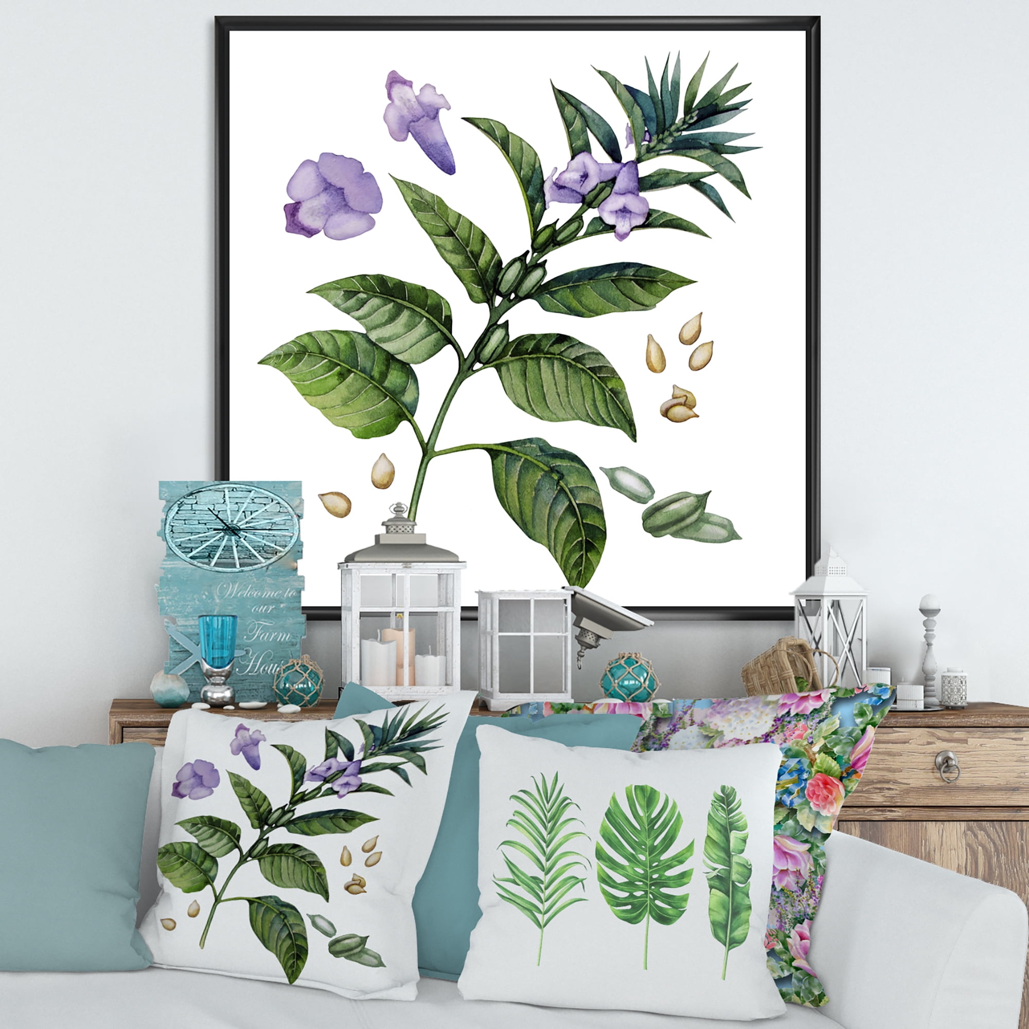 Designart 'Purple Sesame Flowers WIth Green Leaves On White' Traditional Framed Canvas Wall Art Print