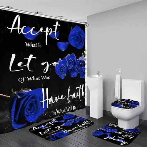 4 Pcs Blue Rose Shower Curtain Sets with Rugs Black Blessed Bathroom Sets with Shower Curtain and Rugs Bathroom Curtains Shower Set with Toilet Lid Cover for Women Bathroom Decor Accessories