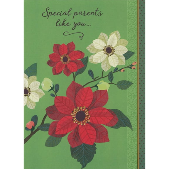 Designer Greetings Four Red and White Poinsettias with Gold Foil Accents on Single Thin Branch Christmas Card for Parents
