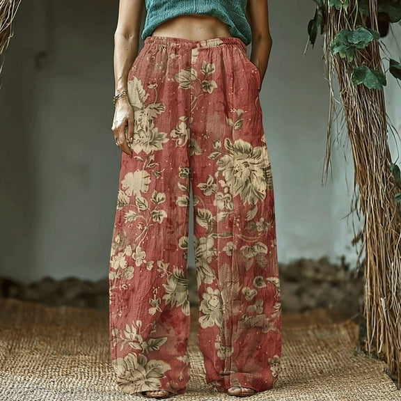 Bzhegqhd Women's Retro Print Cotton and Linen Elastic Waist Bohemian Leaf Casual Trouser Pants with Pocket
