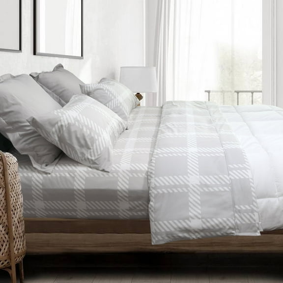 4 Pieces Microfiber Flannel Sheet Set King Size, Grid Grey Color Bedding Set, Deep Pocket Bedding Collection