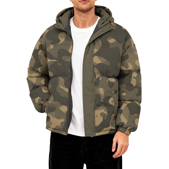CharmCyan Men’s Hooded Puffer Jacket with Camouflage Print Full Zip Front Warm Quilted Outerwear with Elastic Cuffs Army Green L