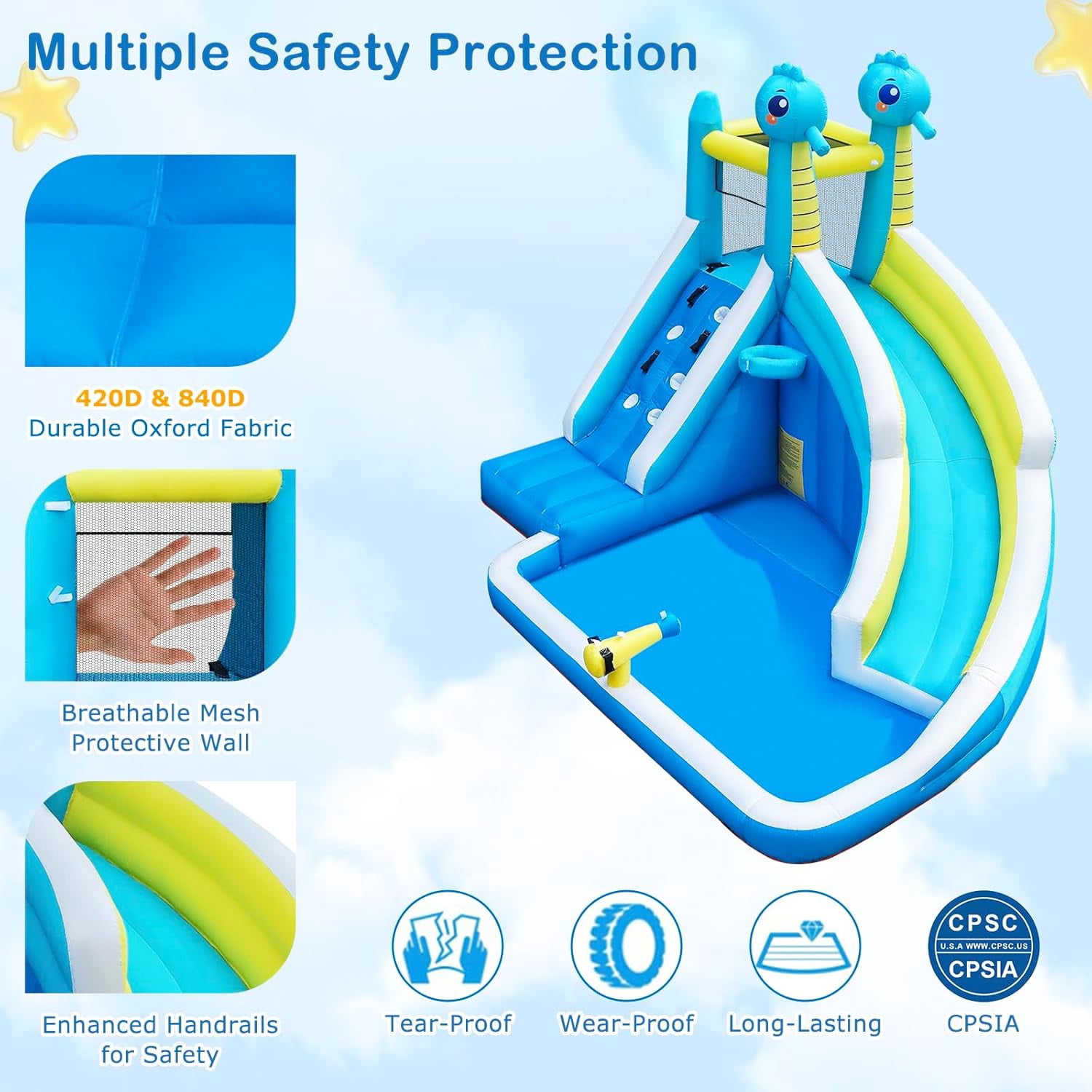 HEMOPOW 5-in-1 Inflatable Splash Park, Seahorse Water Slide with Climbing Wall, Water Cannon, Hoop & Blower for Indoor/Outdoor Backyard Fun, Ages 3+