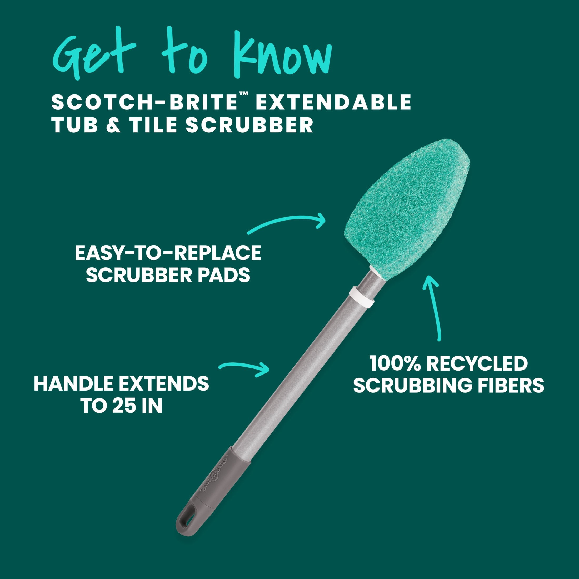 (3 pack) Scotch-Brite Extendable Tub & Tile Scrubber Kit, 1 Handle and 3 Non-Scratch Scrubber Pads