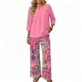 thumbnail image 5 of Tropical Floral Print Two Piece Set for Women, 3/4 Sleeve Button Down Top & Wide Leg Pants - Vacation Resort Wear Lounge Outfit with Straight Leg Trousers Pink XXL, 5 of 7