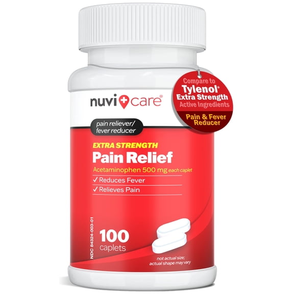NUVICARE Acetaminophen 500mg Extra Strength Pain Relief - Compare to Tylenol Extra Strength Pain Reliever & Fever Reducer - 500mg Tablets for Adults for Headaches (100 Caplets)