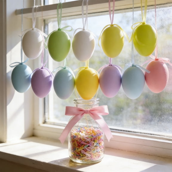 HCBY 12 Pack Easter Eggs Decor, 2.4" color Plastic Egg for Indoor Outdoor, Reusable Hanging Eggs with Loop for Table Tree Wreath, Festive Holiday Decor for Spring Celebration