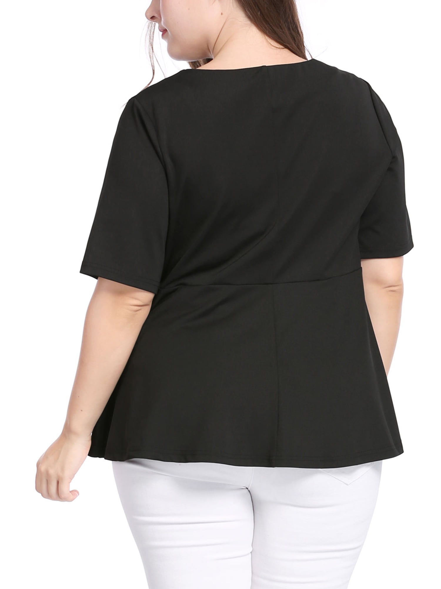 Unique Bargains Women's Plus Size Short Sleeve Solid Outfits Fashion Wrap Peplum Tops 1X Black