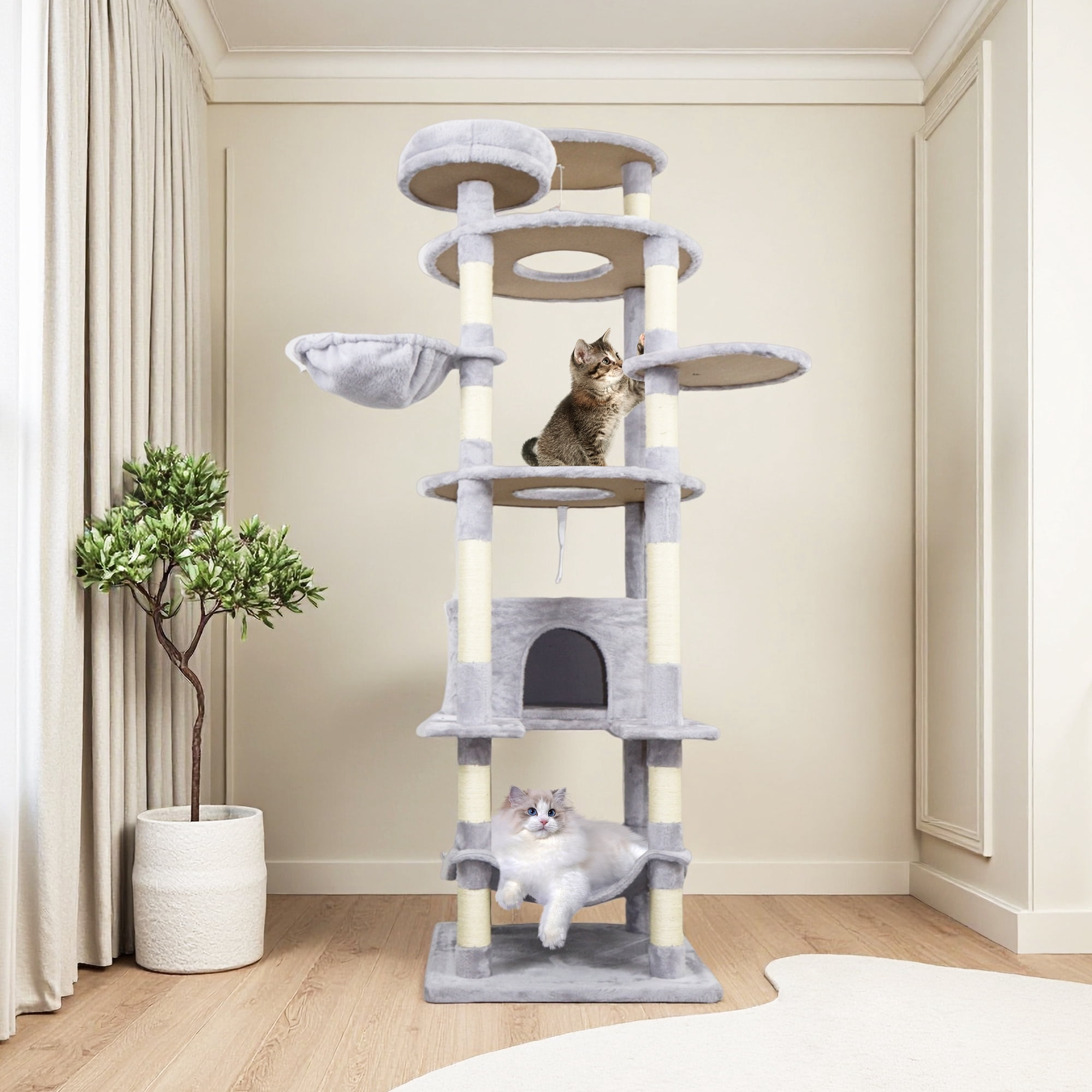 78.8-Inch Light Gray Cat Tree with 12 Scratching Posts, Large Condo, Big Hammock, and Interactive Toys for 3-4 Cats, Light Gray