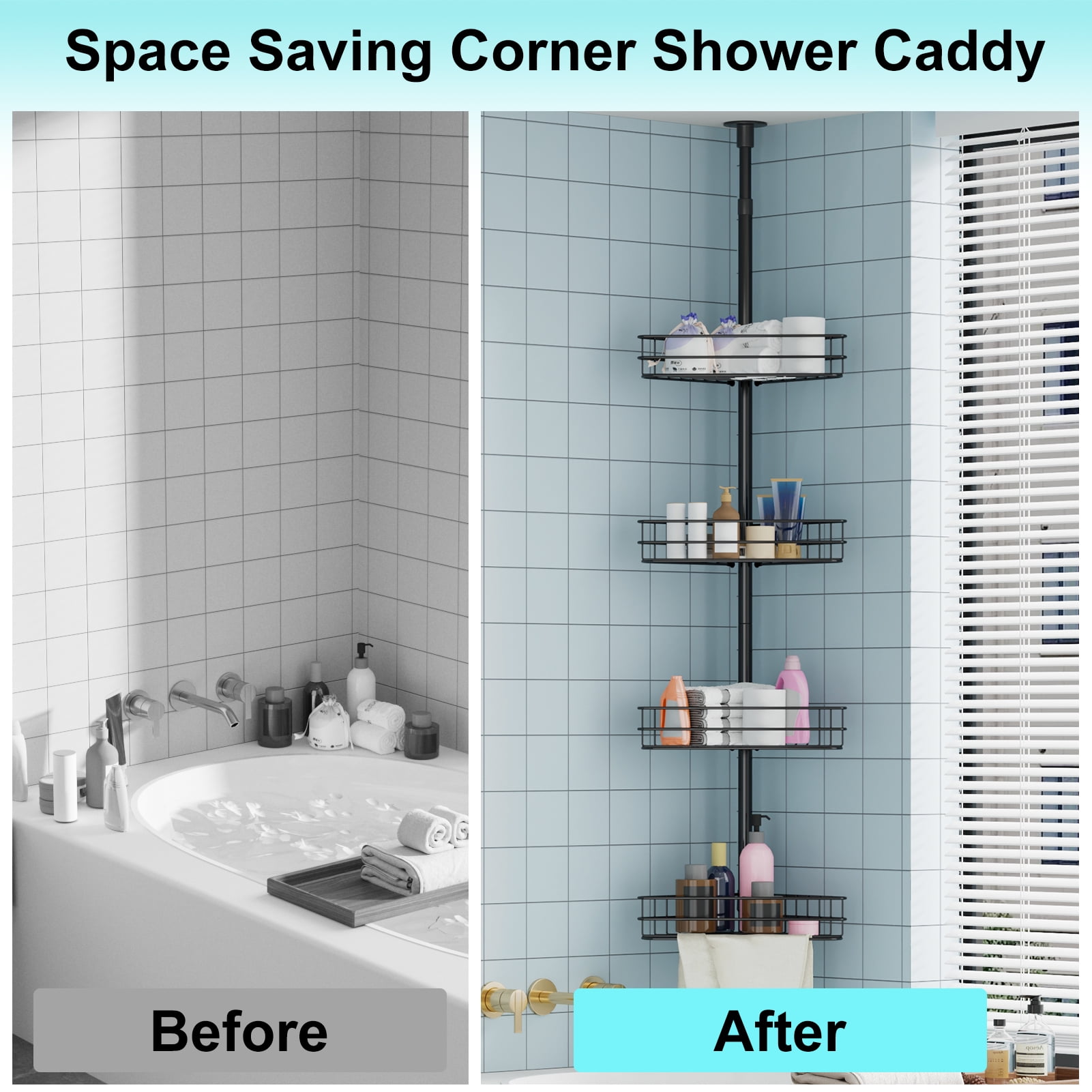 4-Tier Adjustable Tension Pole Corner Shower Shelve – Rust-Resistant Bathroom Organizer Shelf with Baskets & Towel Bars, Perfect for Kitchens, Bathrooms, and Bedrooms, Black