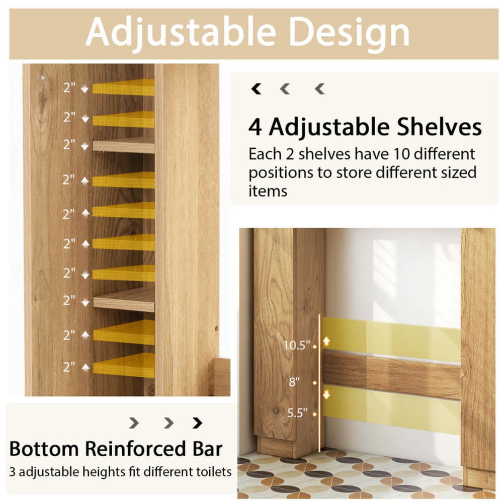 Finihen Toilet Storage Cabinet, Bathroom Cabinet Organizer, Over The Toilet Storage Cabinet with 2 Open Compartments and 4 Adjustable Shelves, for Bathroom, Natural