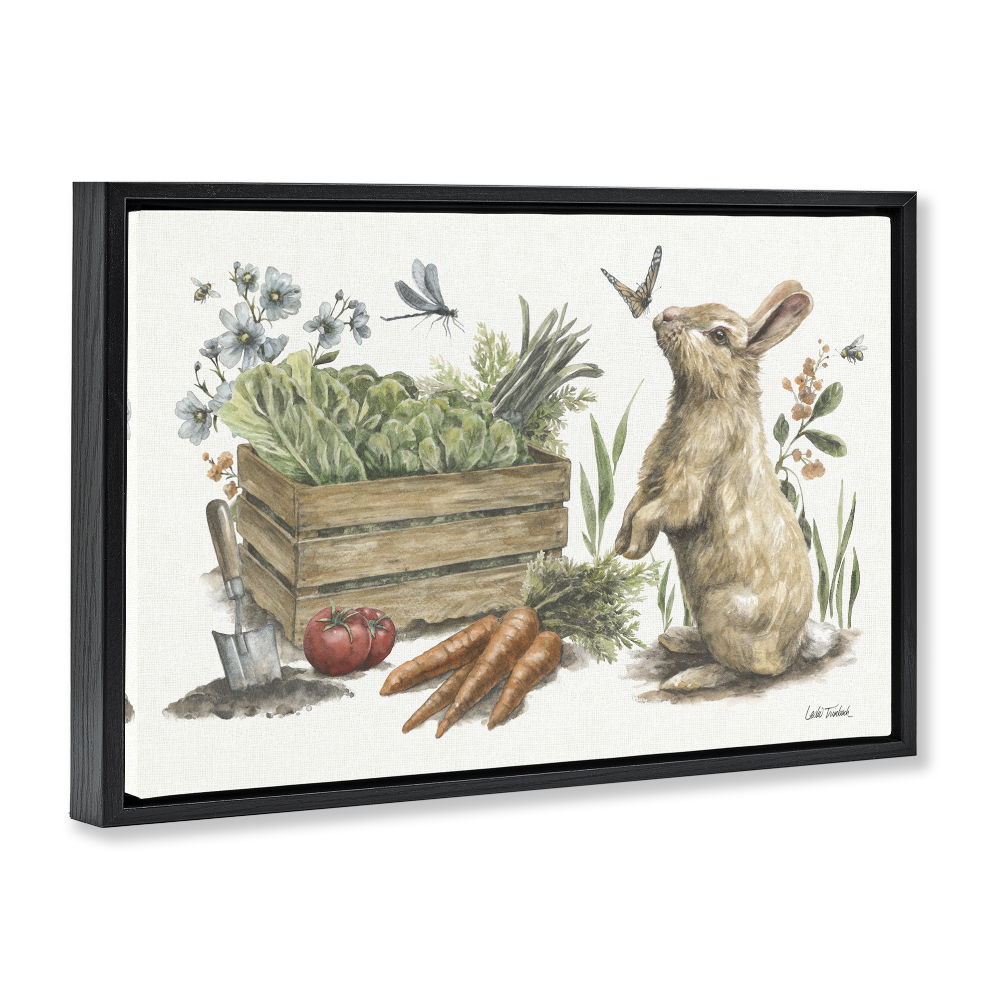 Stupell Industries Gardening Bunny Scene Botanical & Floral Painting Black Floater Framed Canvas Art Print Wall Art, 25 x 17