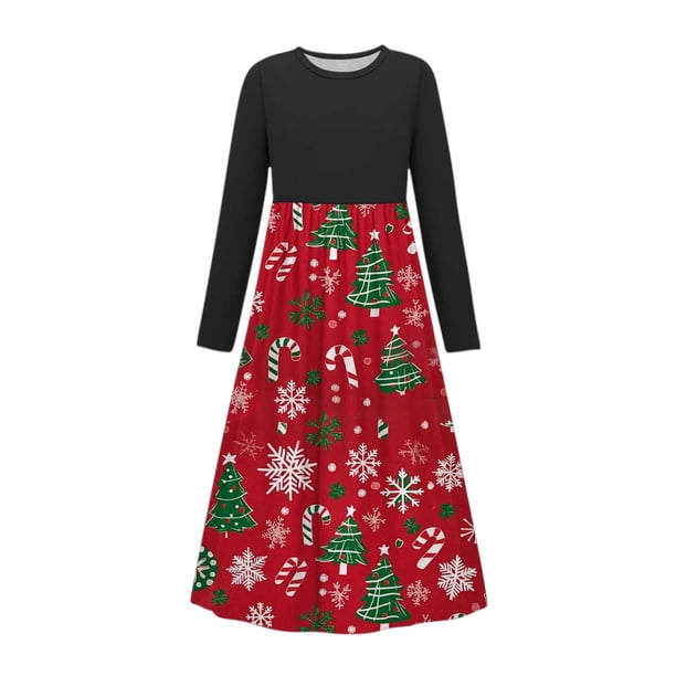Vestido de manga larga con cuello redondo para niña, estampado navideño, manga larga, cuello redondo, bolsillos, falda larga informal para adultos, vestido de poliéster para niña.