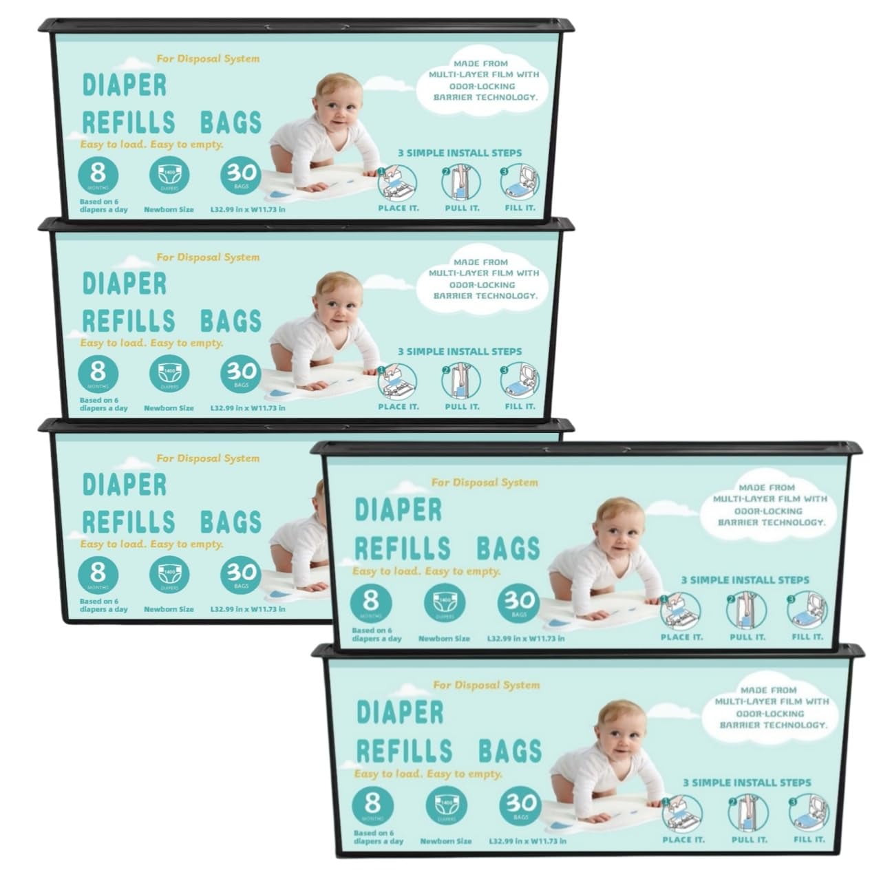 Diaper Pail Refills Bags with 30 Bags Compatible with Genie Easy Roll Signature and Platinum Diaper Pails, 7-Layer Odor-Barrier Technology-5 Packs