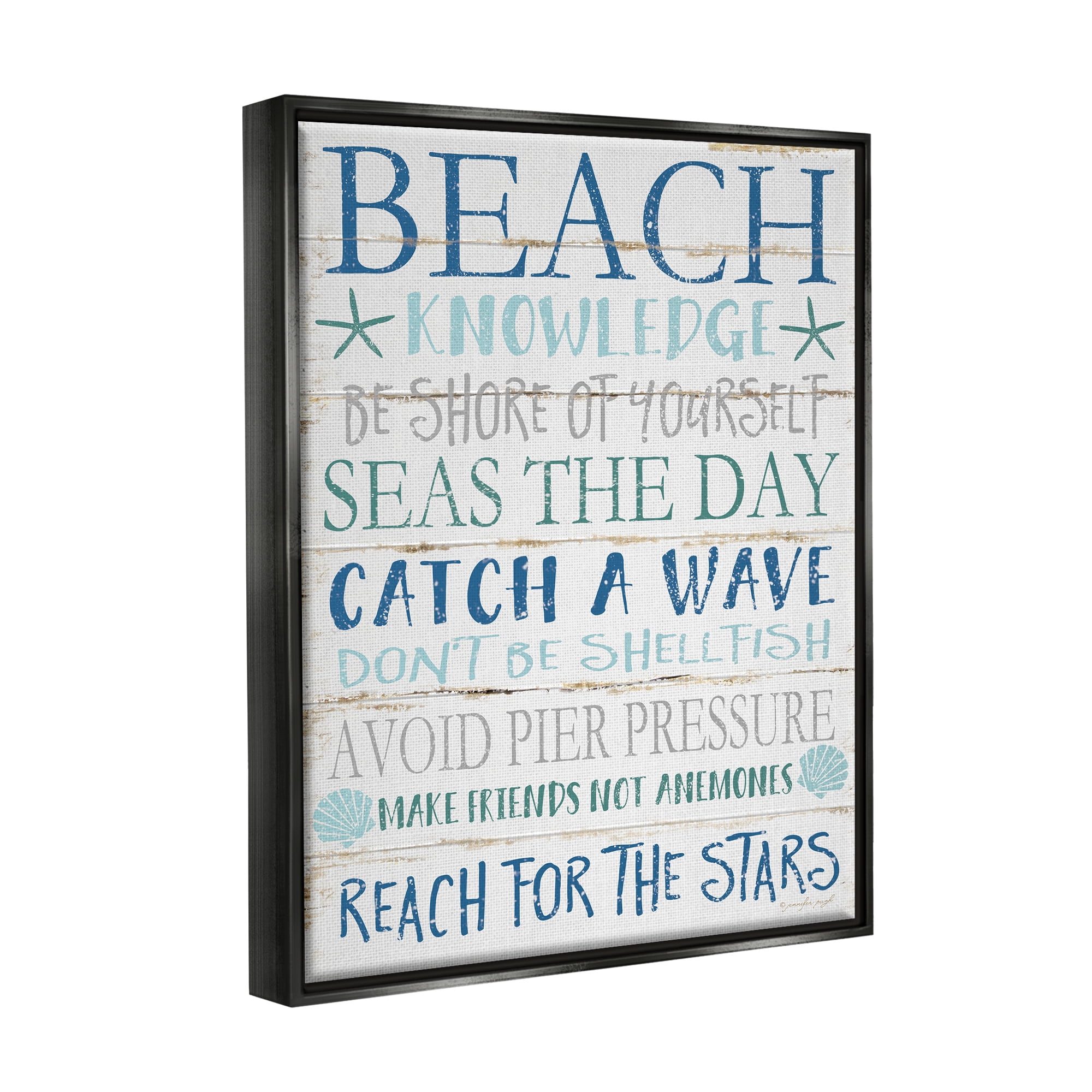 Stupell Industries Beach Knowledge Blue Aqua and White Planked Look Sign Jet Black Framed Floating Canvas Wall Art, 16x20, by Jennifer Pugh