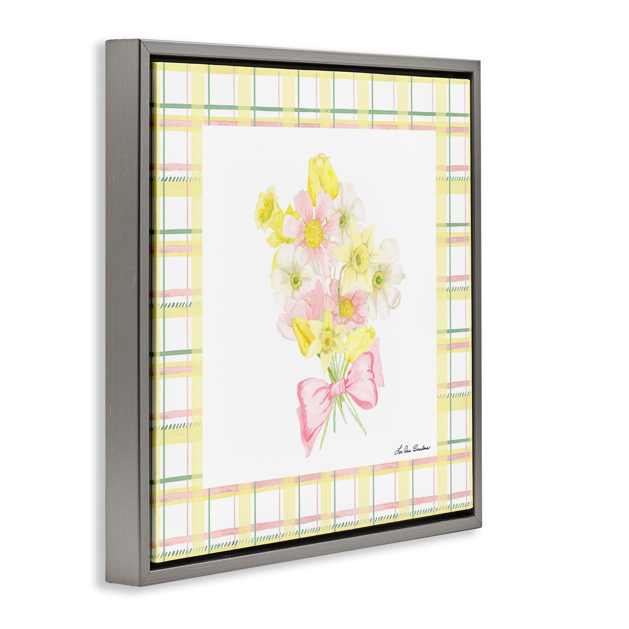 Spring Daffodils on Plaid Gray Framed Floater Canvas Wall Art, design by Lee Ann Sanders