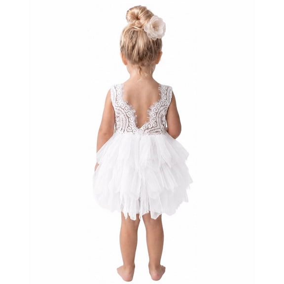 2Bunnies Girls' 6M-10Y Beaded Peony Lace Tiered Sleeveless Knee Flower Girl Dress