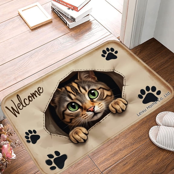 FJPT Welcome Cat Paw Print Non Slip Flannel Polyester Floor Mat For Bathroom Kitchen Bedroom Decor 16x24 inch