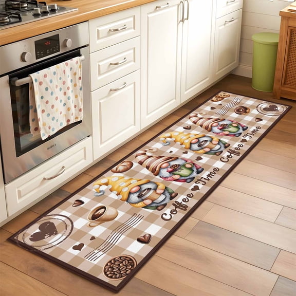 Runner Rug 2 x 6 Ft, Farmhouse Coffee Time Washable Non-Slip Floor Mat for Kitchen Hallway/Entryway, Vintage Gnomes Desserts Khaki Plaid Long Kitchen Runner Area Rugs for Living Room, Low-Profile
