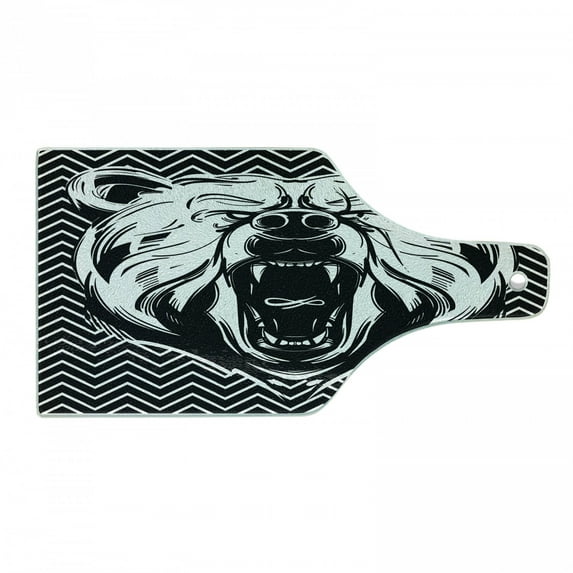 Bear Cutting Board, Aggressive Animal with Dangerous Expression Scary Roaring Mammal on Zigzag Pattern, Tempered Glass Cutting and Serving Board, Wine Bottle Shape, Black White, by Ambesonne