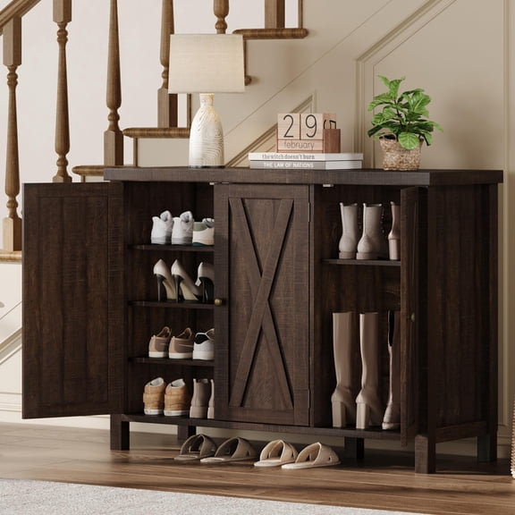 Dark Cherry Shoe Cabinet with Doors, Farmhouse 35 in Shoe Storage Cabinet, 4-Tier Entryway Shoe Storage, Large Shoe Organizer Cabinet for Living Room Hallway