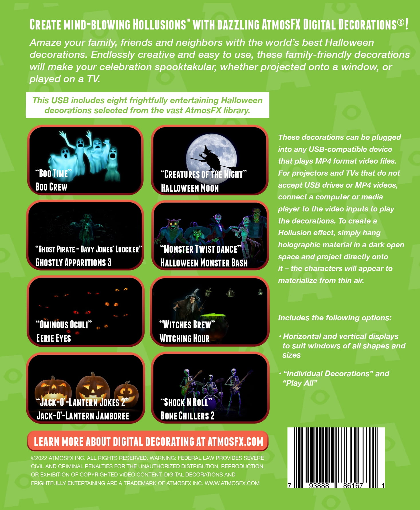Reaper Brothers Halloween Hollusion Digital Decoration Kit Includes 8 AtmosFX Video Effects for Halloween Plus 5.5' x 9' Holographic Projection Screen