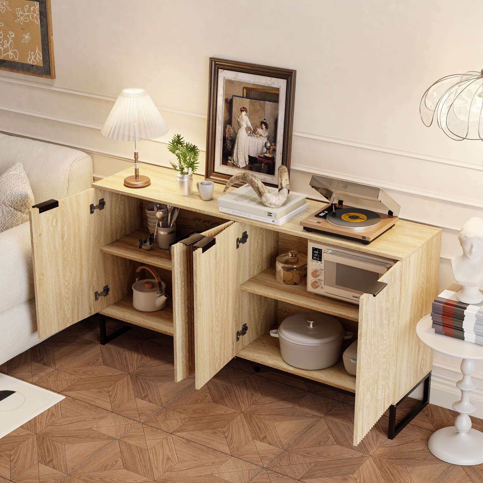 Fluted Accent Cabinet, Kitchen Sideboard Buffet Cabinet with 4 Fluted Doors