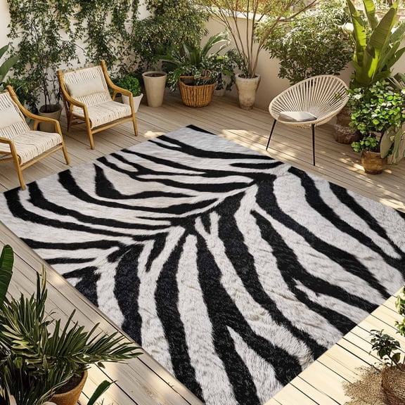 Black White Zebras Outdoor Rug for Patio/Deck/Porch, Non-Slip Large Area Rug 6 x 9 Ft, Vintage Abstract Art Indoor Outdoor Rugs Washable Area Rugs, Reversible Camping Rug Carpet Runner